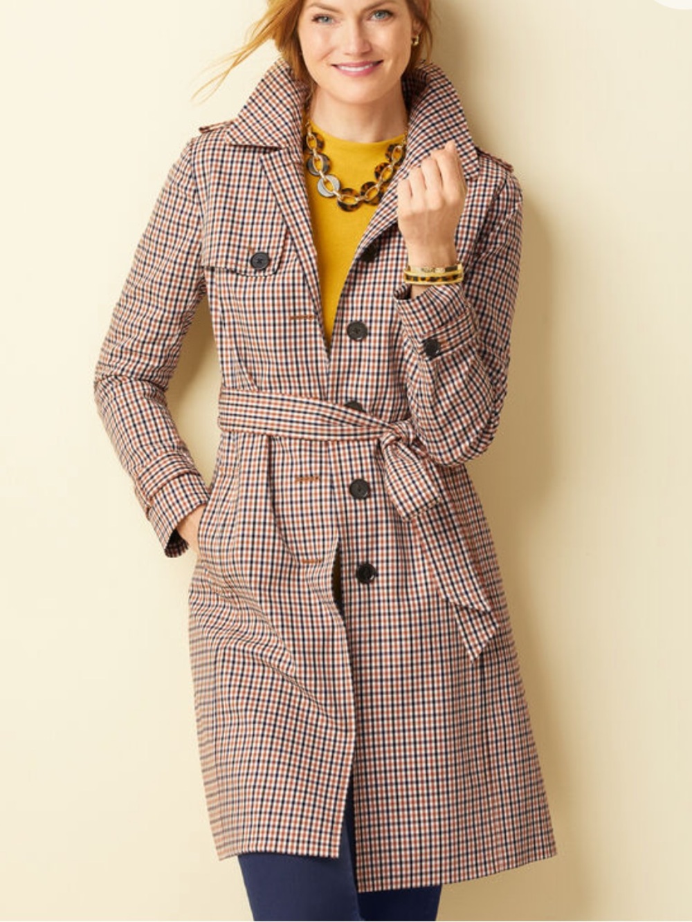 Talbots Polished Plaid Belted Trench Coat Size S Petite Black Brown Plaid